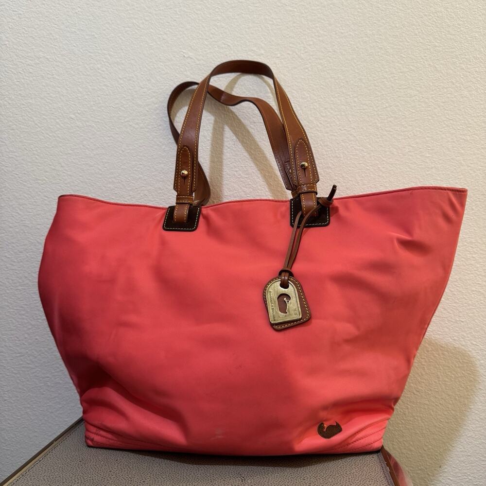 Dooney & Bourke Large Red Pink Nylon Purse With Pink Interior Leather Trim